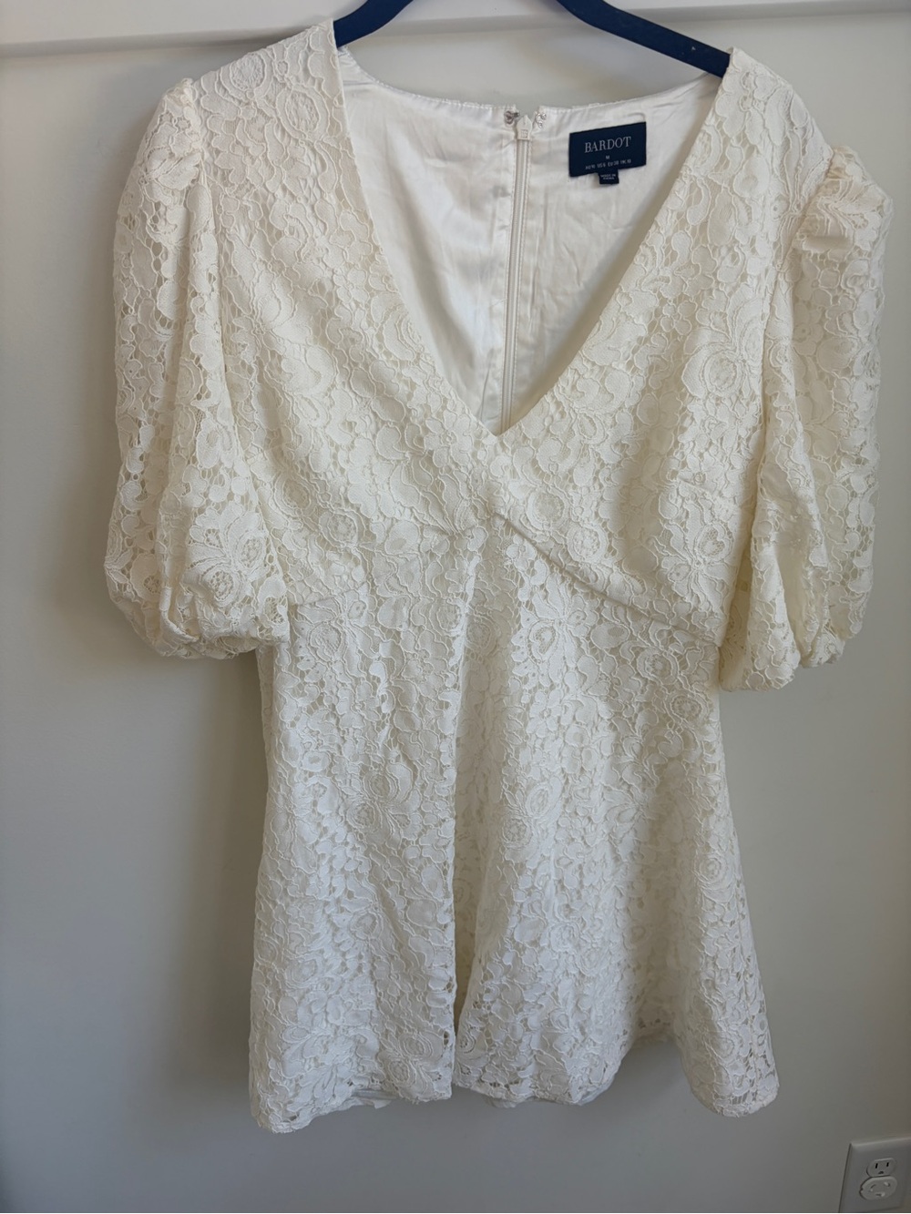 Bardot Ivory Lace V-Neck Puff Sleeve Mini Dress